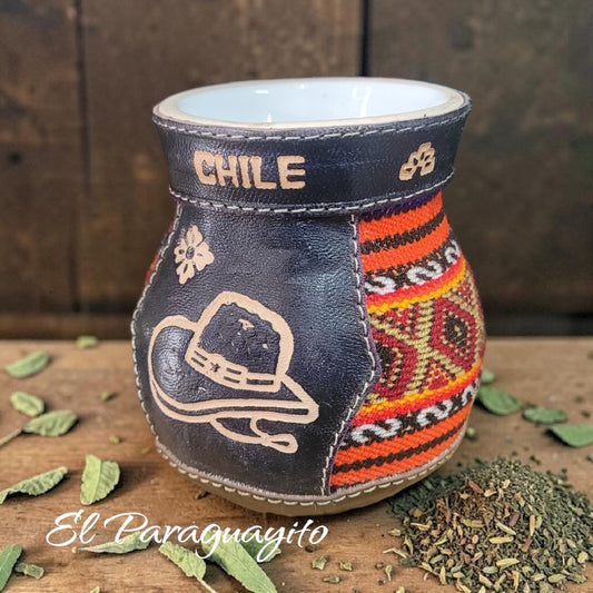 Mate de cerámica cuero y tejido 150 cc