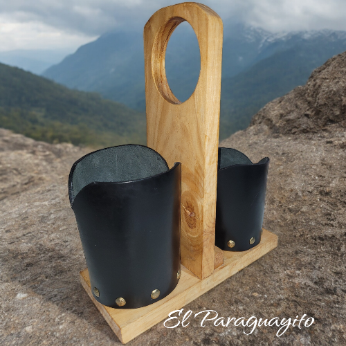 Canasto matero 2 compartimientos madera y cuero