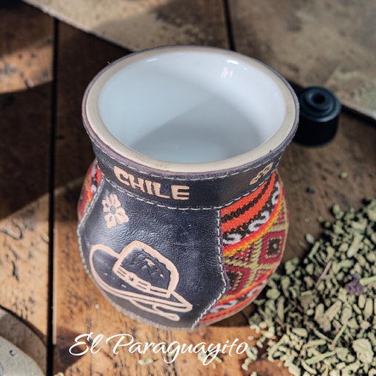 Mate de cerámica cuero y tejido 150 cc